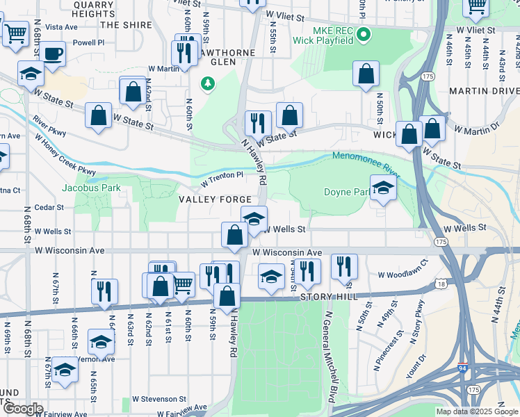 map of restaurants, bars, coffee shops, grocery stores, and more near 903 North Hawley Road in Milwaukee