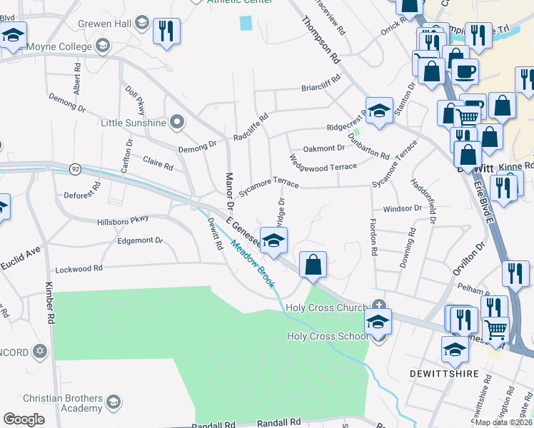 map of restaurants, bars, coffee shops, grocery stores, and more near 123 Stoneridge Drive in Syracuse