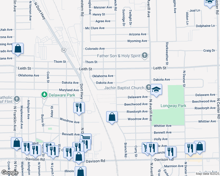 map of restaurants, bars, coffee shops, grocery stores, and more near 3010 Dakota Avenue in Flint