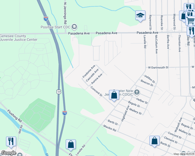map of restaurants, bars, coffee shops, grocery stores, and more near 3598 Concord Street in Flint