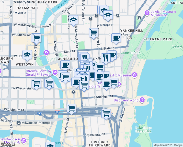map of restaurants, bars, coffee shops, grocery stores, and more near 775 North Jackson Street in Milwaukee