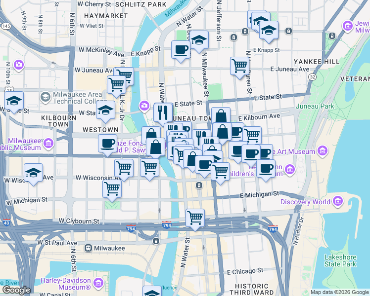 map of restaurants, bars, coffee shops, grocery stores, and more near in Milwaukee