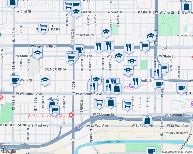 map of restaurants, bars, coffee shops, grocery stores, and more near in Milwaukee