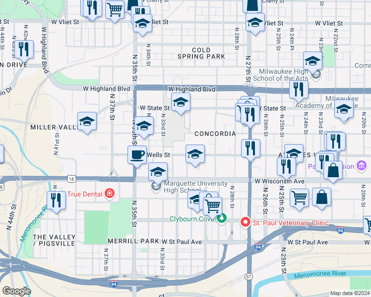 map of restaurants, bars, coffee shops, grocery stores, and more near 828 North 32nd Street in Milwaukee