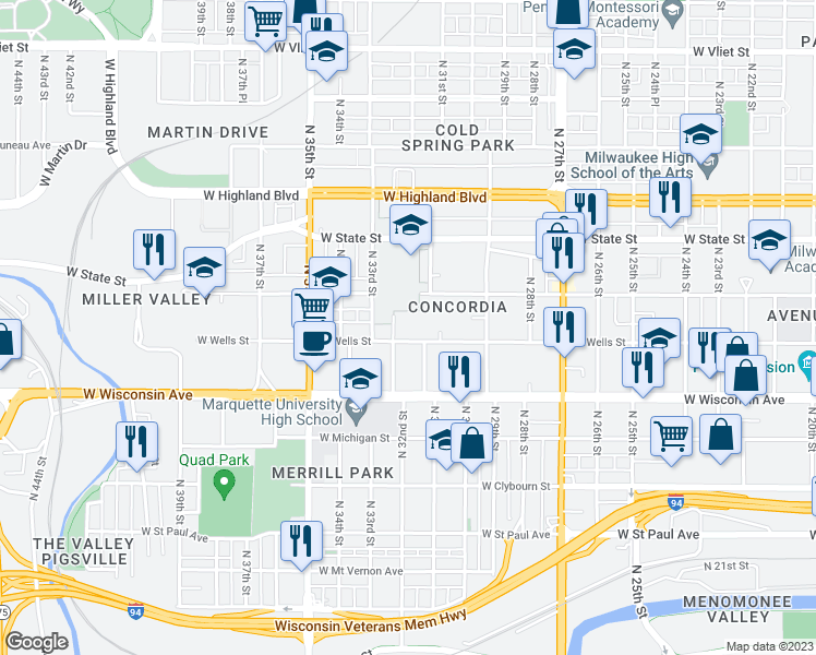 map of restaurants, bars, coffee shops, grocery stores, and more near 828 North 32nd Street in Milwaukee