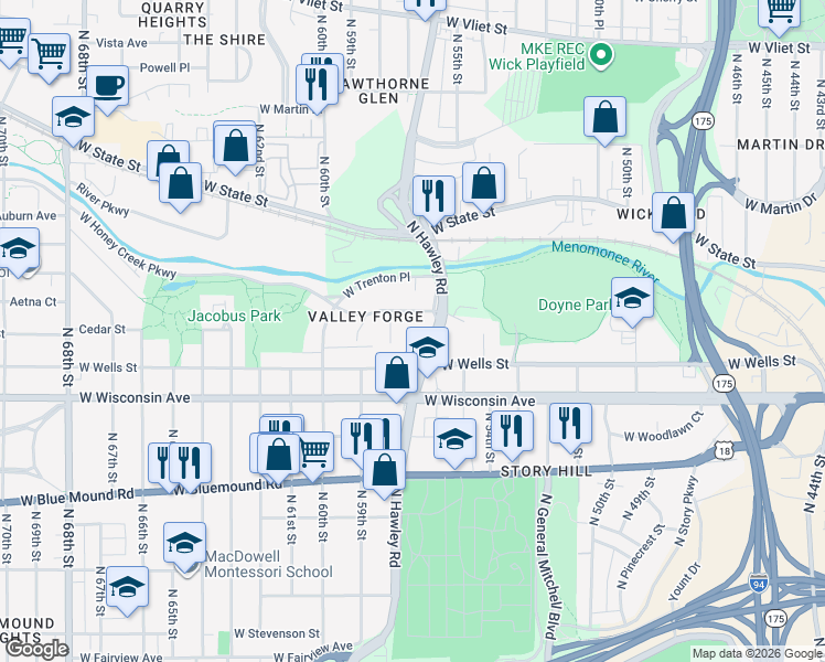 map of restaurants, bars, coffee shops, grocery stores, and more near 5629 West Valley Forge Drive in Milwaukee