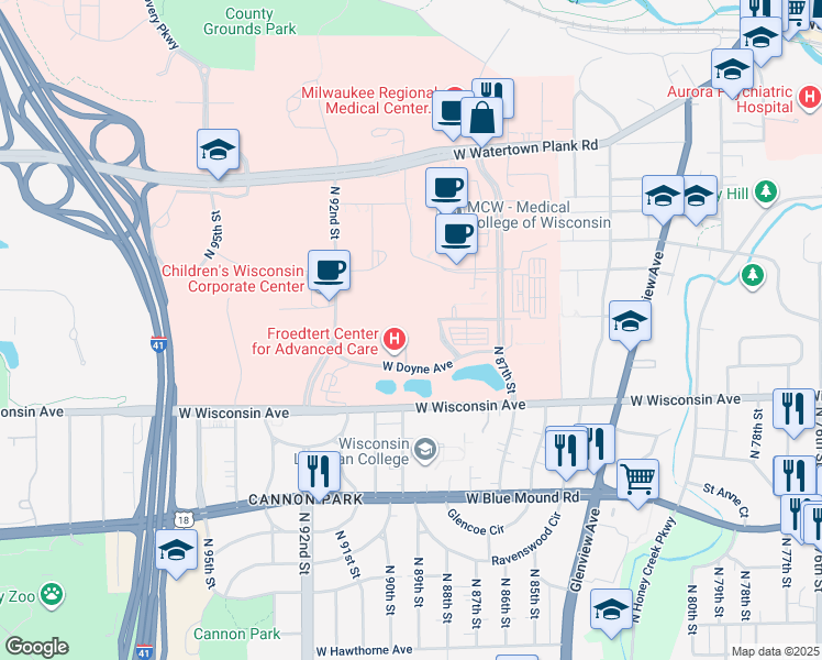 map of restaurants, bars, coffee shops, grocery stores, and more near 999 North 92nd Street in Wauwatosa