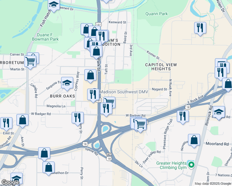 map of restaurants, bars, coffee shops, grocery stores, and more near 2219 Woodview Court in Madison