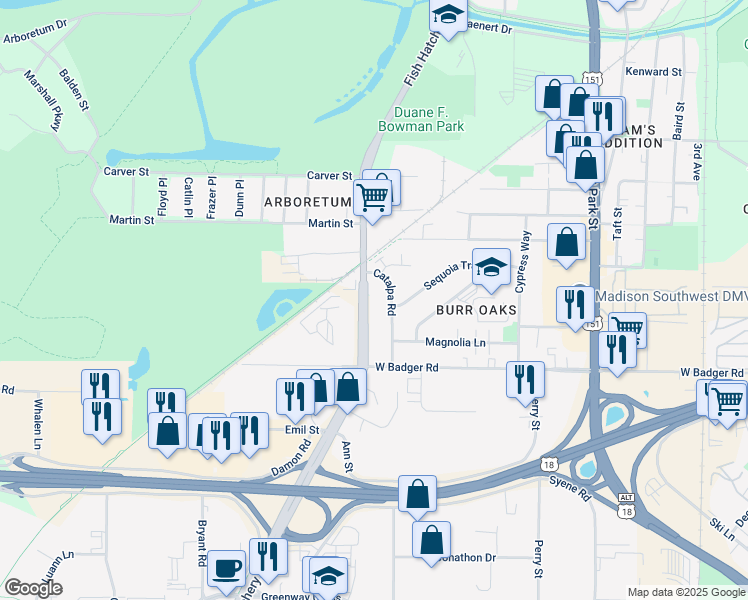 map of restaurants, bars, coffee shops, grocery stores, and more near 2214 Catalpa Road in Madison