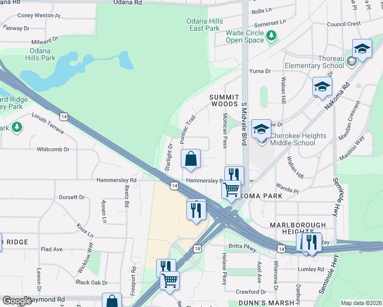map of restaurants, bars, coffee shops, grocery stores, and more near 4606 Onaway Pass in Madison