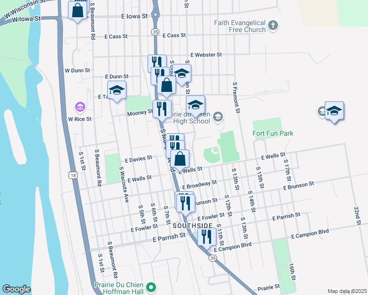 map of restaurants, bars, coffee shops, grocery stores, and more near 813 South Dousman Street in Prairie du Chien