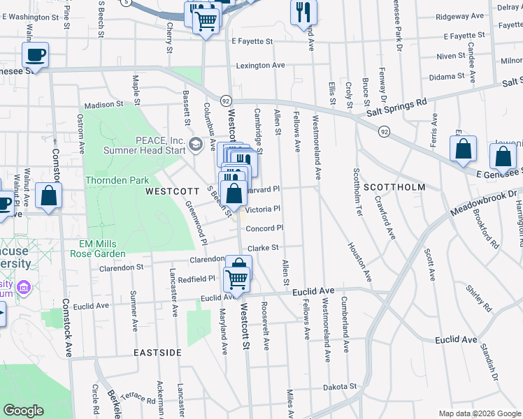 map of restaurants, bars, coffee shops, grocery stores, and more near 116 Victoria Place in Syracuse