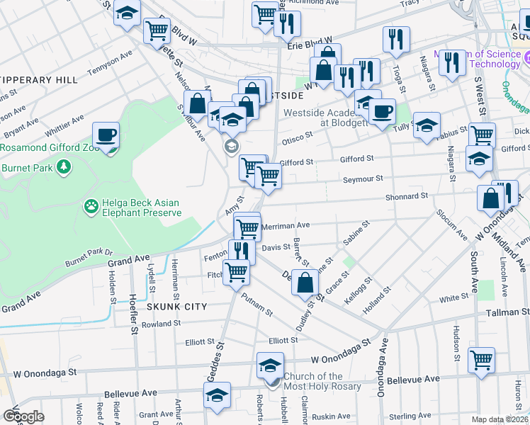 map of restaurants, bars, coffee shops, grocery stores, and more near in Syracuse