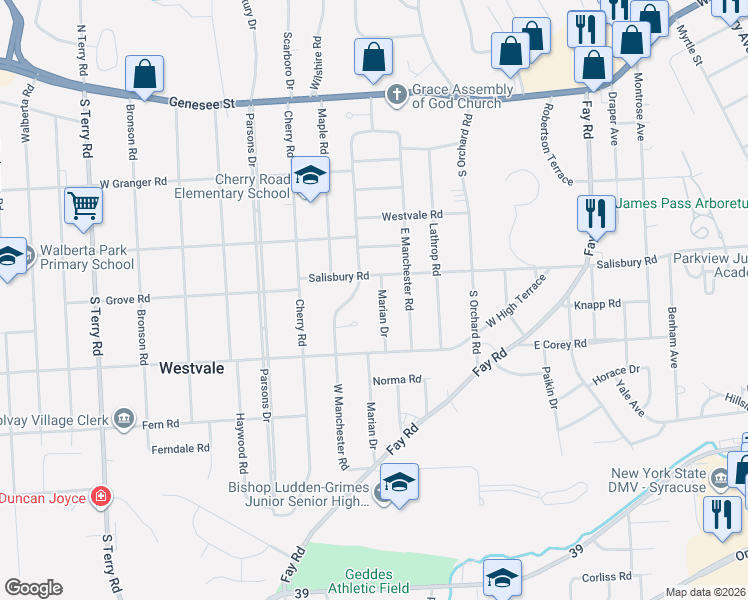 map of restaurants, bars, coffee shops, grocery stores, and more near 103 Marian Drive in Syracuse