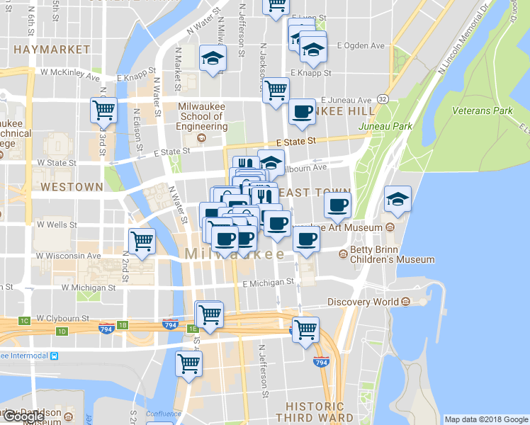 map of restaurants, bars, coffee shops, grocery stores, and more near 765 North Jackson Street in Milwaukee