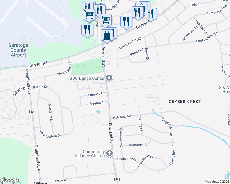 map of restaurants, bars, coffee shops, grocery stores, and more near 8 Margaret Drive in Ballston Spa