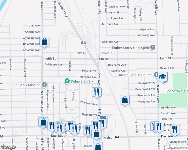 map of restaurants, bars, coffee shops, grocery stores, and more near 2705 Maryland Avenue in Flint
