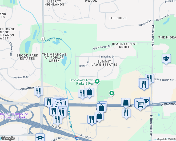 map of restaurants, bars, coffee shops, grocery stores, and more near 19725 Brenner Ct in Brookfield