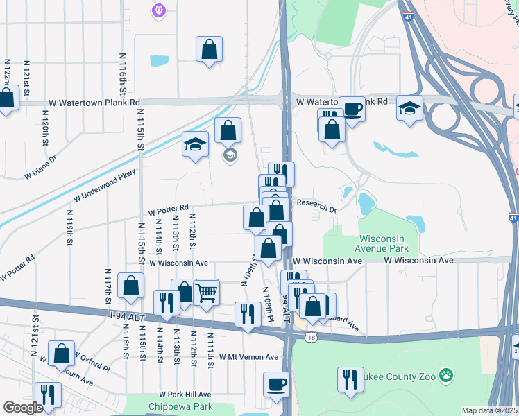 map of restaurants, bars, coffee shops, grocery stores, and more near 10855 West Potter Road in Wauwatosa