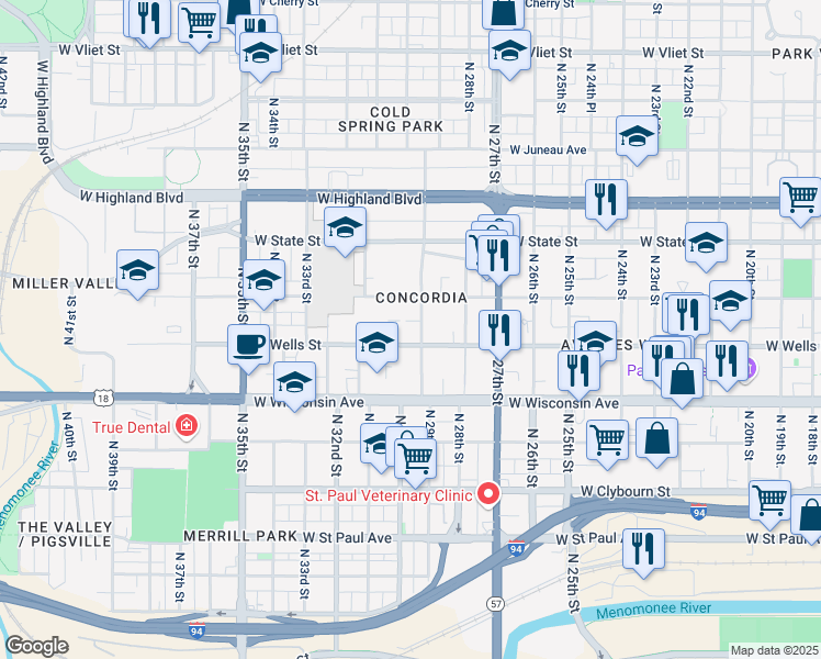 map of restaurants, bars, coffee shops, grocery stores, and more near 2912 West Wells Street in Milwaukee