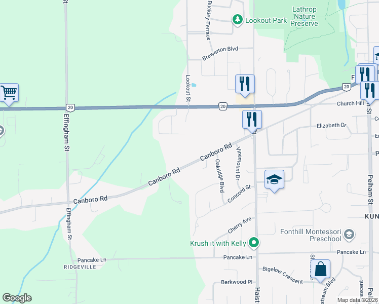 map of restaurants, bars, coffee shops, grocery stores, and more near 205 Canboro Road in Pelham