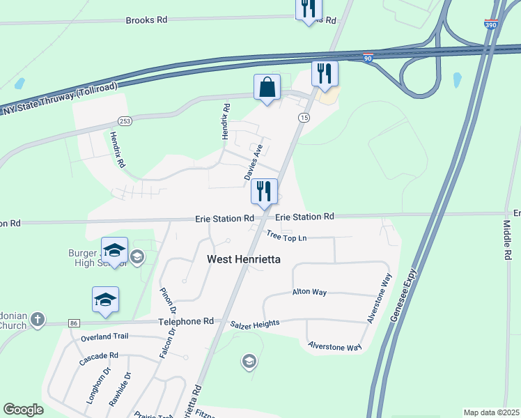 map of restaurants, bars, coffee shops, grocery stores, and more near 5655 West Henrietta Road in West Henrietta