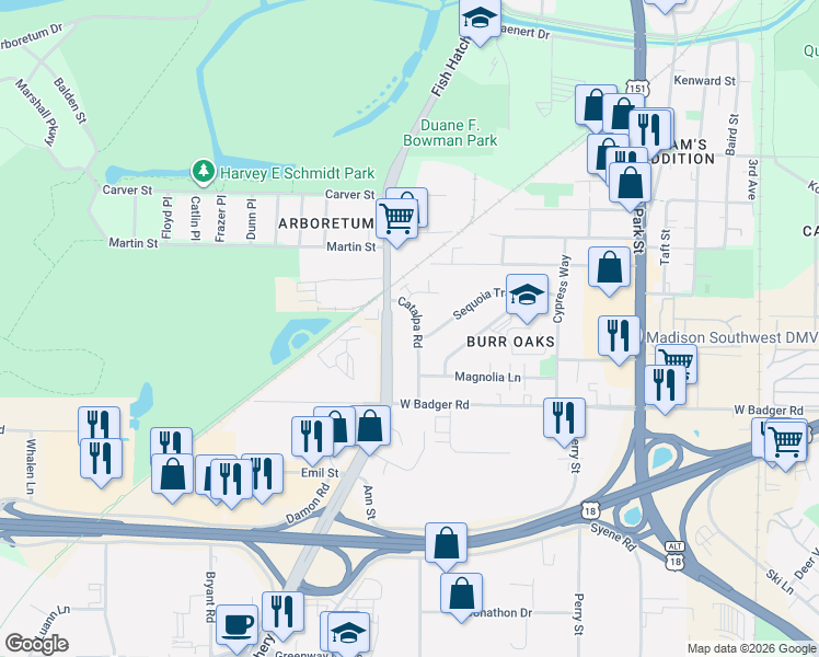 map of restaurants, bars, coffee shops, grocery stores, and more near 2214 Catalpa Road in Madison