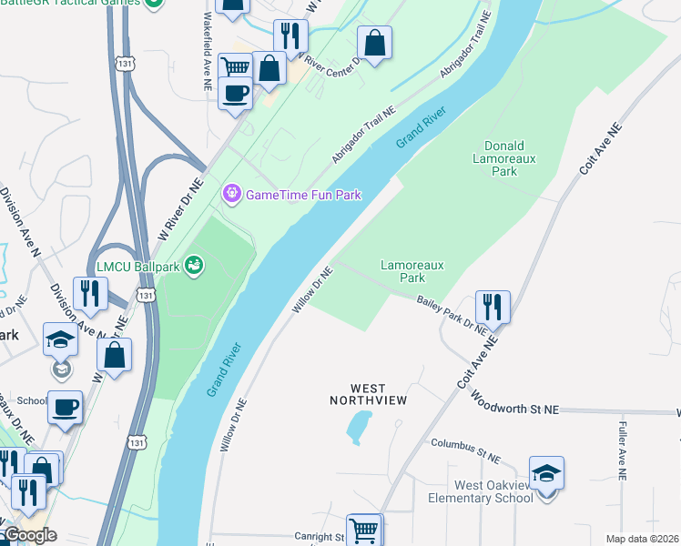 map of restaurants, bars, coffee shops, grocery stores, and more near 4264 Willow Drive Northeast in Grand Rapids