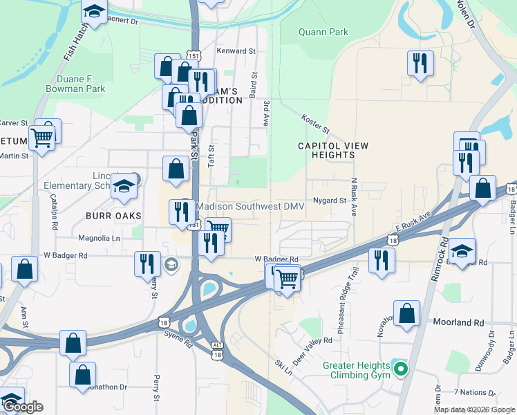 map of restaurants, bars, coffee shops, grocery stores, and more near 2231 Woodview Court in Madison