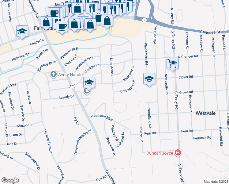map of restaurants, bars, coffee shops, grocery stores, and more near 152 Crabapple Lane in Syracuse
