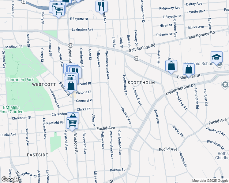 map of restaurants, bars, coffee shops, grocery stores, and more near 131 Houston Avenue in Syracuse