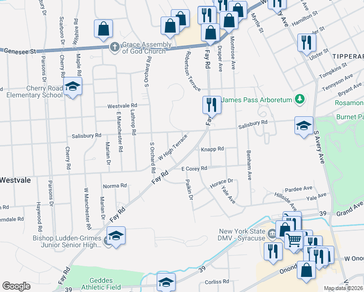 map of restaurants, bars, coffee shops, grocery stores, and more near 115 West High Terrace in Syracuse