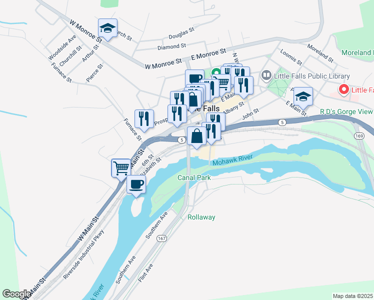 map of restaurants, bars, coffee shops, grocery stores, and more near West Mill Street in Little Falls