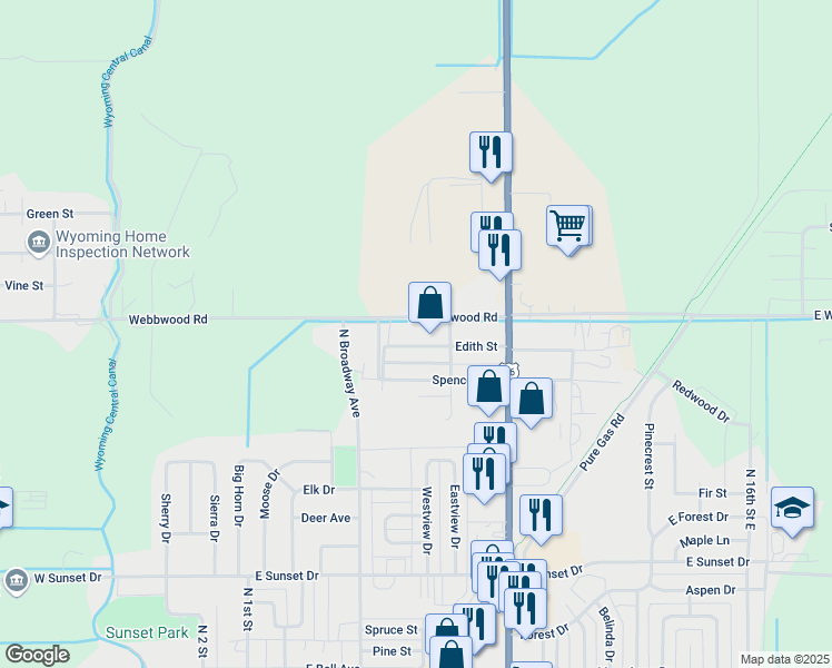 map of restaurants, bars, coffee shops, grocery stores, and more near 612 Edith Street in Riverton