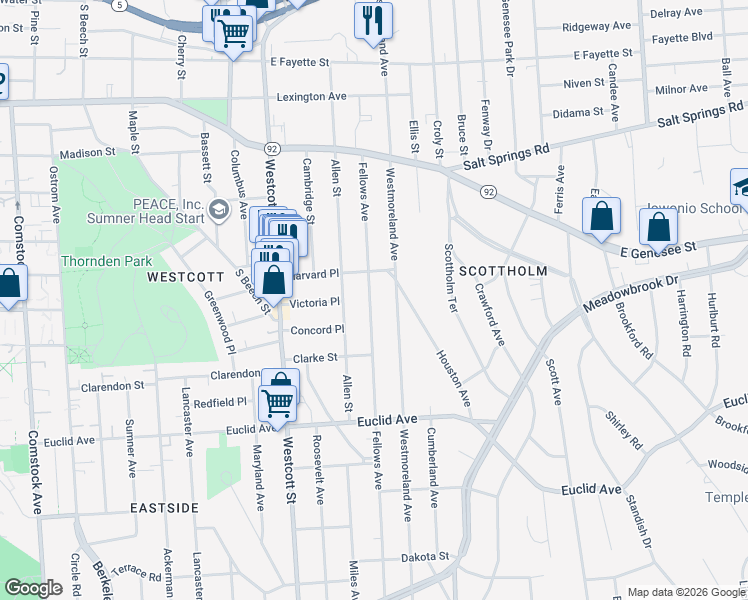 map of restaurants, bars, coffee shops, grocery stores, and more near 714 Westmoreland Avenue in Syracuse