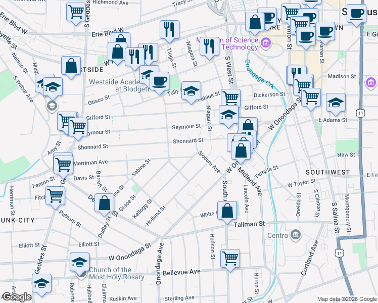 map of restaurants, bars, coffee shops, grocery stores, and more near 229 Shonnard Street in Syracuse