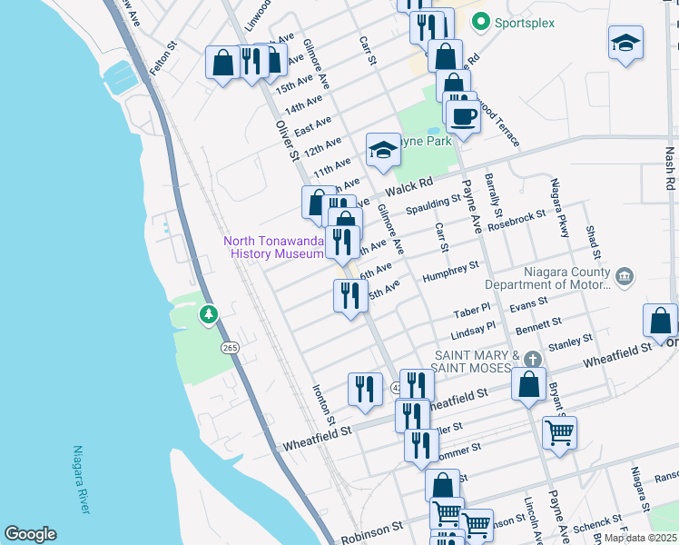 map of restaurants, bars, coffee shops, grocery stores, and more near 685 Oliver Street in North Tonawanda