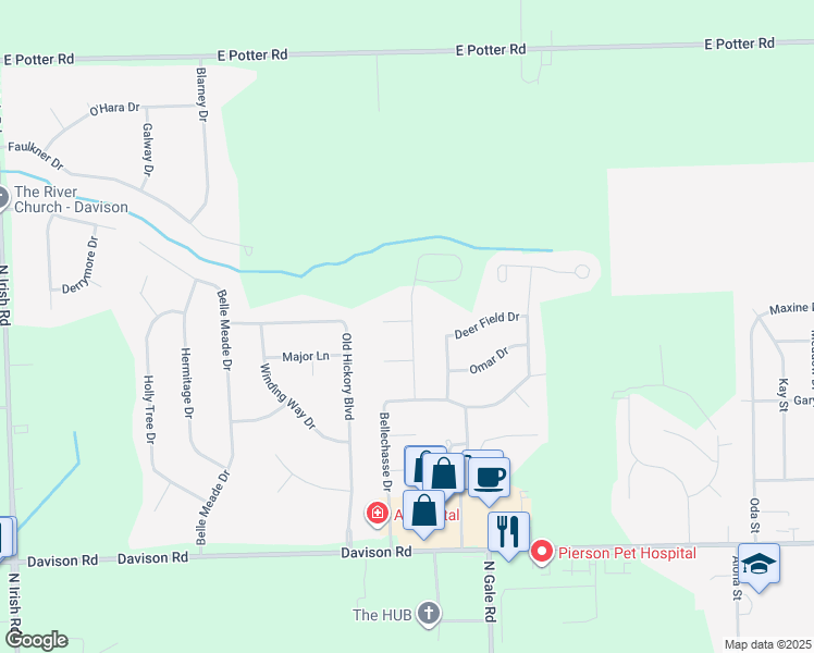 map of restaurants, bars, coffee shops, grocery stores, and more near 8411 Oak Shade Court in Davison