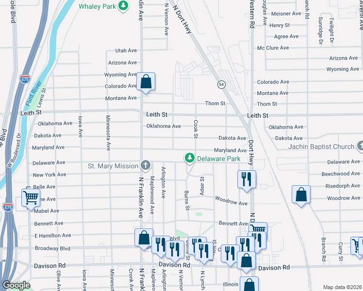 map of restaurants, bars, coffee shops, grocery stores, and more near 2314 Dakota Avenue in Flint
