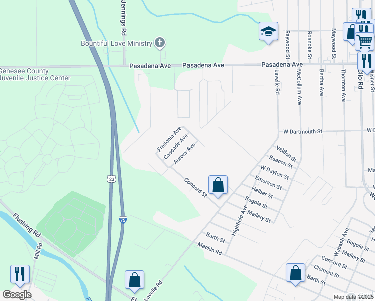 map of restaurants, bars, coffee shops, grocery stores, and more near 3598 Concord Street in Flint