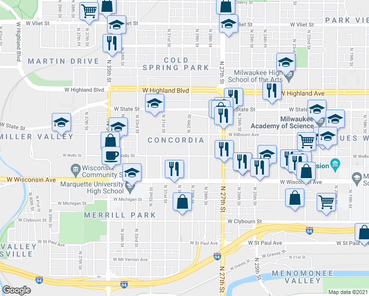 map of restaurants, bars, coffee shops, grocery stores, and more near 839 North 29th Street in Milwaukee