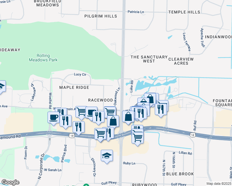 map of restaurants, bars, coffee shops, grocery stores, and more near 17315 Evergreen Court in Brookfield