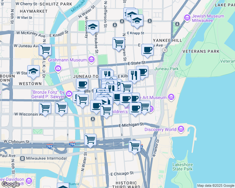 map of restaurants, bars, coffee shops, grocery stores, and more near 775 North Jackson Street in Milwaukee