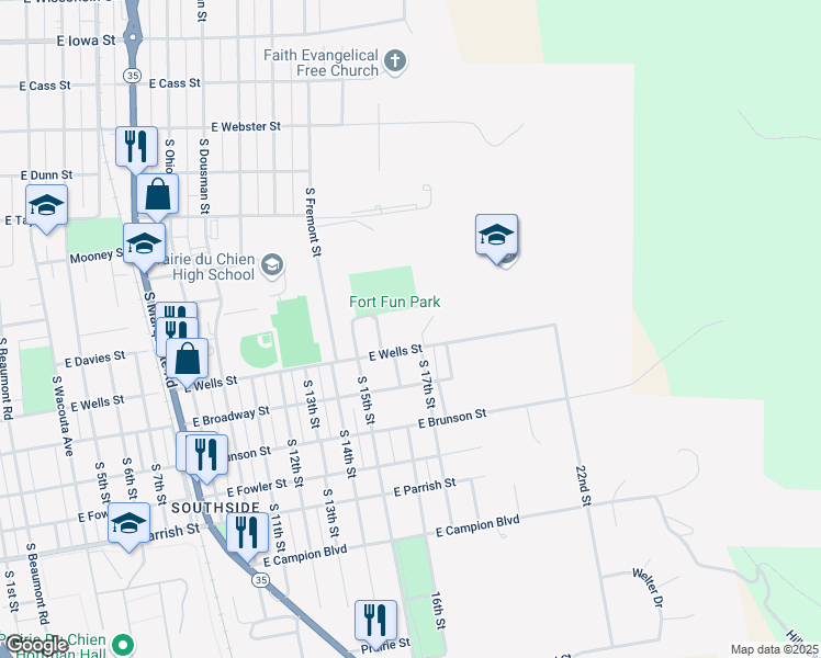 map of restaurants, bars, coffee shops, grocery stores, and more near 1605 East Wells Street in Prairie du Chien