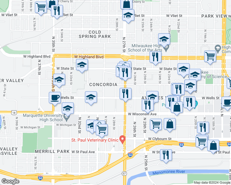 map of restaurants, bars, coffee shops, grocery stores, and more near 831 North 28th Street in Milwaukee