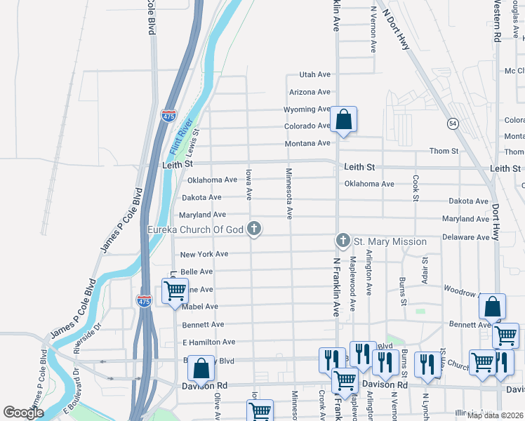 map of restaurants, bars, coffee shops, grocery stores, and more near 1609 Maryland Avenue in Flint
