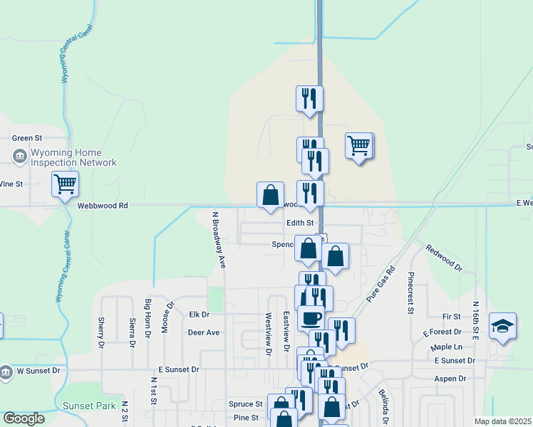 map of restaurants, bars, coffee shops, grocery stores, and more near 612 Edith Street in Riverton