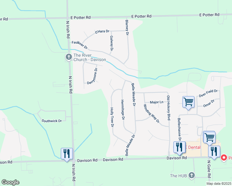 map of restaurants, bars, coffee shops, grocery stores, and more near 2257 Hermitage Drive in Davison