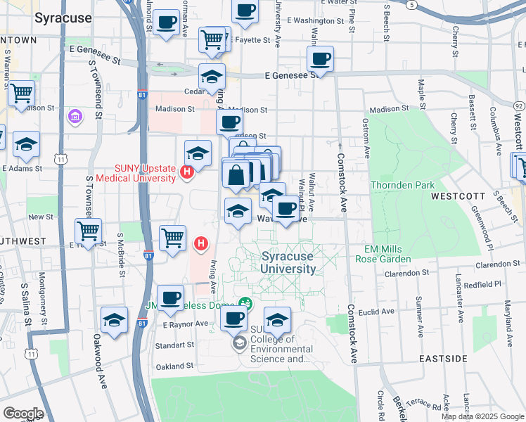 map of restaurants, bars, coffee shops, grocery stores, and more near 111 Waverly Avenue in Syracuse