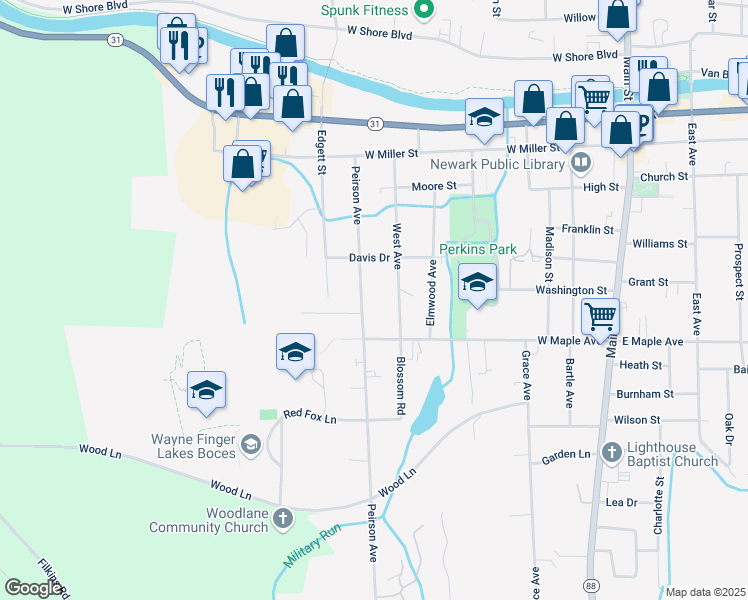 map of restaurants, bars, coffee shops, grocery stores, and more near 228 Peirson Avenue in Newark